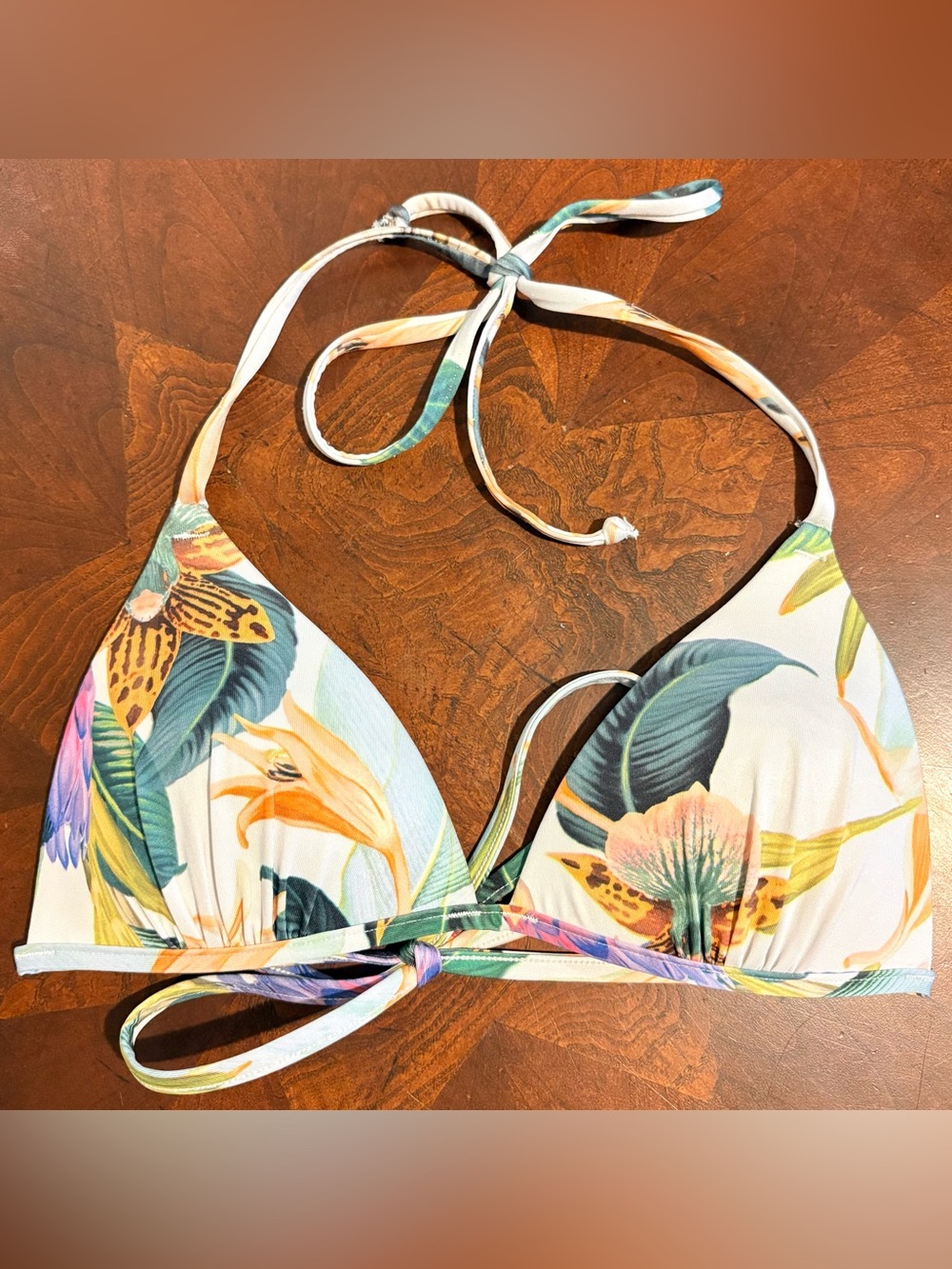 H&M Tropical Padded Green/White Floral Triangle Halter Bikini Swim Top XS PushUp